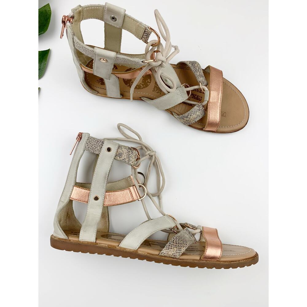 Sorel Ella Lace Up Gladiator Sandals Cream Rose Gold Strappy Flats Women's 10